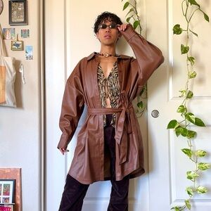 Plus Size Brown Pleather Coat